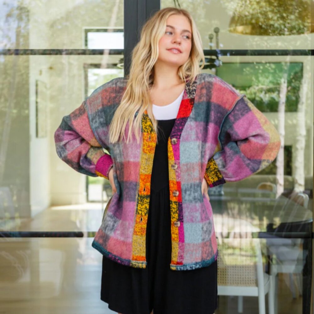 Colorful Plaid Button Front Cardigan Size XXL V-Neck Exposed Seams Casual